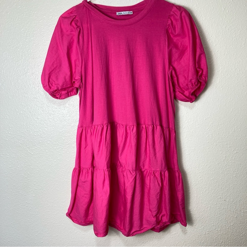 ZARA Hot Pink Puff Sleeve Tiered Swing Mini Dress Women's Sz L Cotton